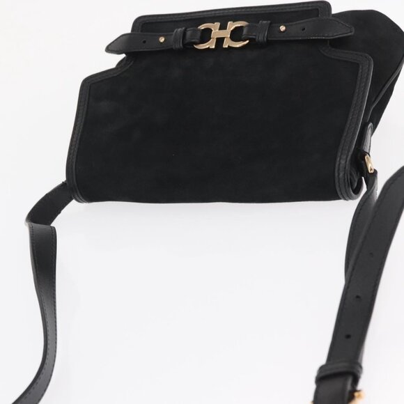 Authentic Salvatore Ferragamo Gancini Shoulder Bag Suede Leather Black Gold - Picture 13 of 16